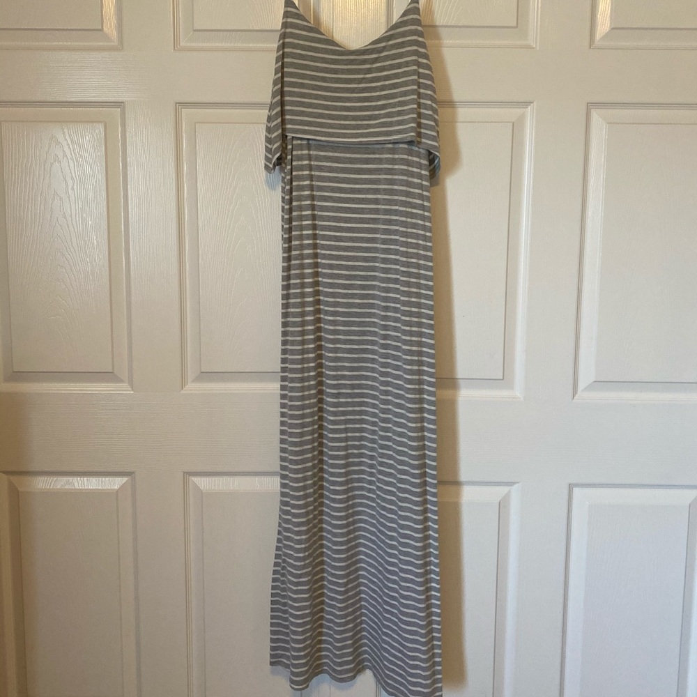 Soft Grey and White Striped Maxi Dress